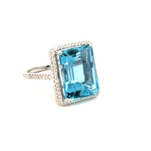 Load image into Gallery viewer, 9.88 Carat TW Natural Aquamarine Ring in 18K White Gold Set in a Diamond Halo