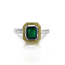 Load image into Gallery viewer, Emerald Fancy Yellow Halo Ring