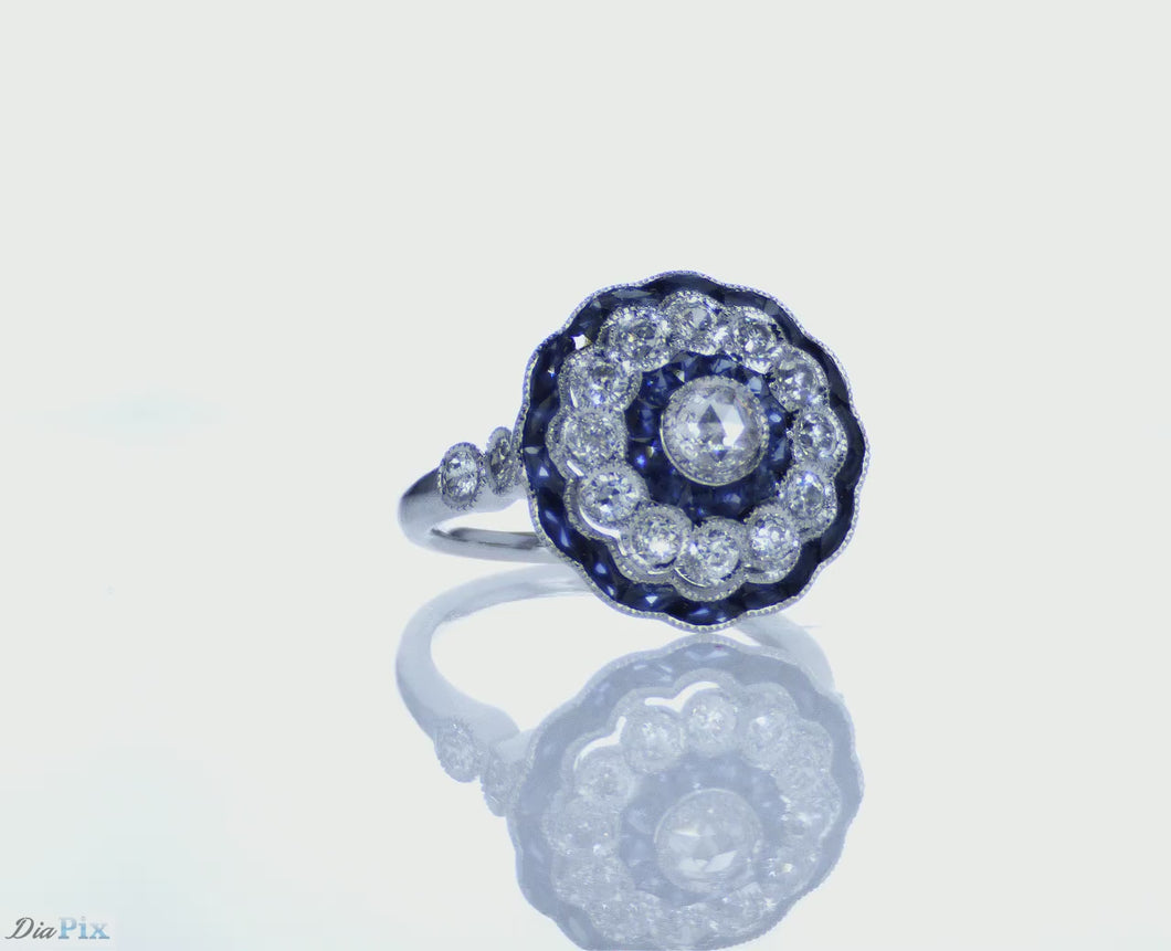 Art Deco Ring 18kw gold s/w Rosecut diamond sapphire & diamond